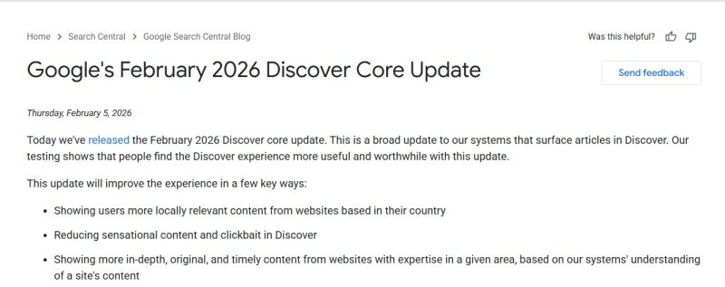 Google February 2026 Discover Core Update